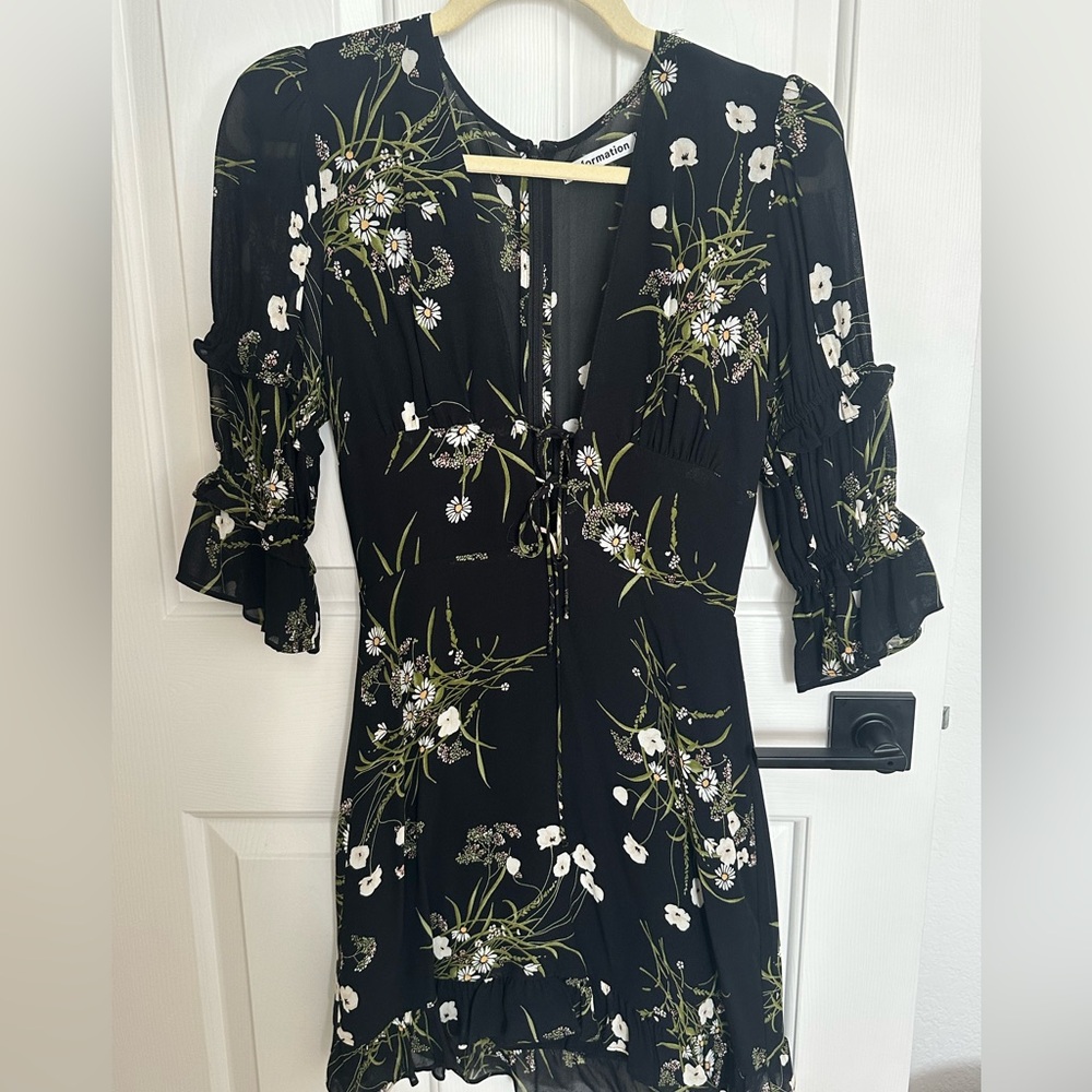 Reformation size 2 Floral Black Dress with Ruffle Sleeves